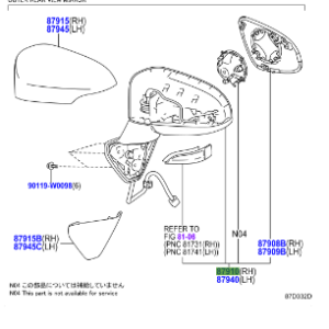 Toyota Verso 2009-2017 Mirror Assy, Outer Rear View, RH