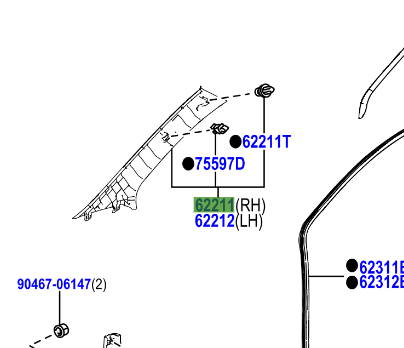 Toyota Aygo 2014- Front Pillar Garnish RH, Light Grey