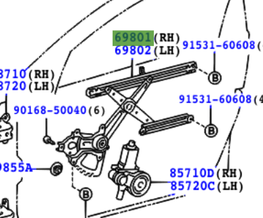Toyota Rav4 2000-2005 Regulator Sub-Assy, Front Door Window, RH