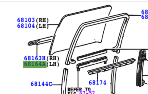 Toyota Hilux 1997-2005 Weatherstrip, Rear Door Glass, Outer LH