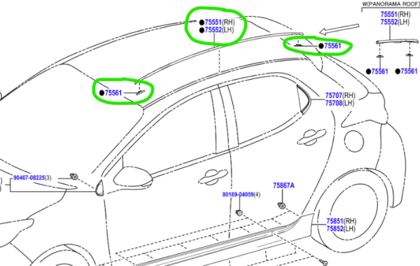 Toyota Yaris 2020-Present Roof Moulding with Clips L/H