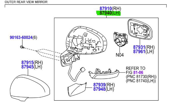Toyota Verso-S (2010-2014) L/H Wing Mirror Unit